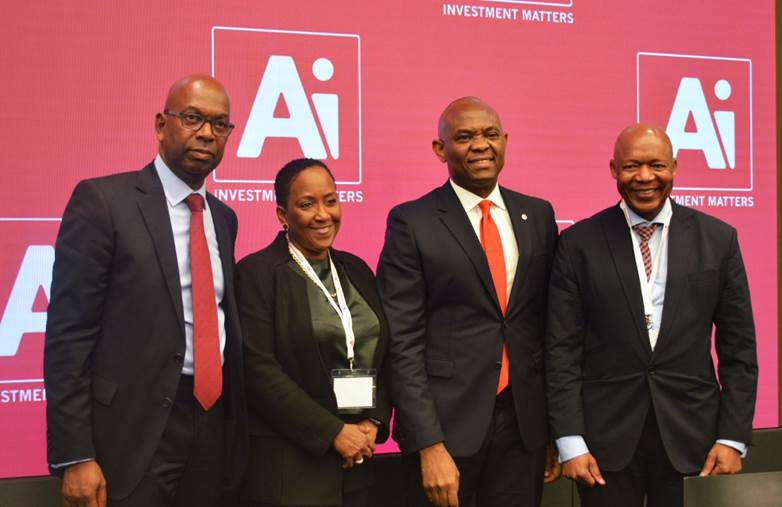 Mr. Tony Elumelu, Chairman Heirs Holdings and recipient of the 'Person of the year’ award (3rd left) flanked by other award recipients; Mr. Bob Collymore, CEO Safaricom (left), Ms. Vicki Fuller, CIO, New York State Common Retirement Fund (2nd left) and Dr Daniel Matjila, CEO, Public Investment Corporation of South Africa at the AI Investment Summit in New York ..Monday.
