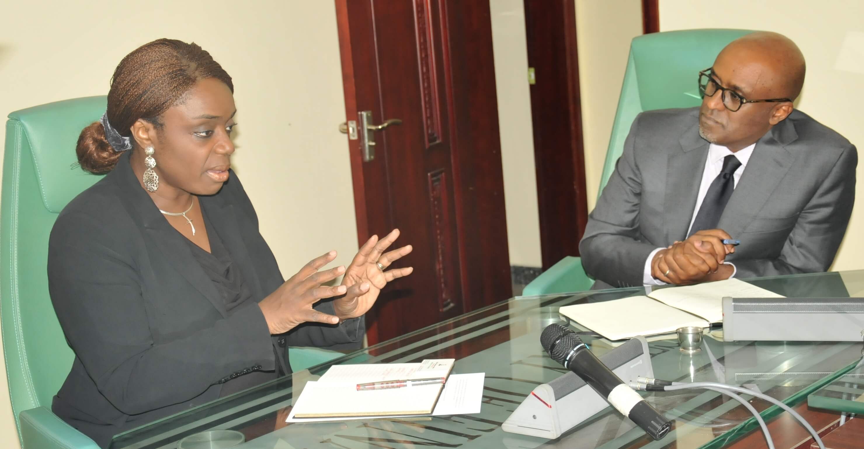 L-R: Minister of Finance, Kemi Adeosun with the Director, African Department of the International Monetary Fund (IMF), Abebe Aemro Selassie, when the latter visited the Minister in her office in Abuja on Wednesday.