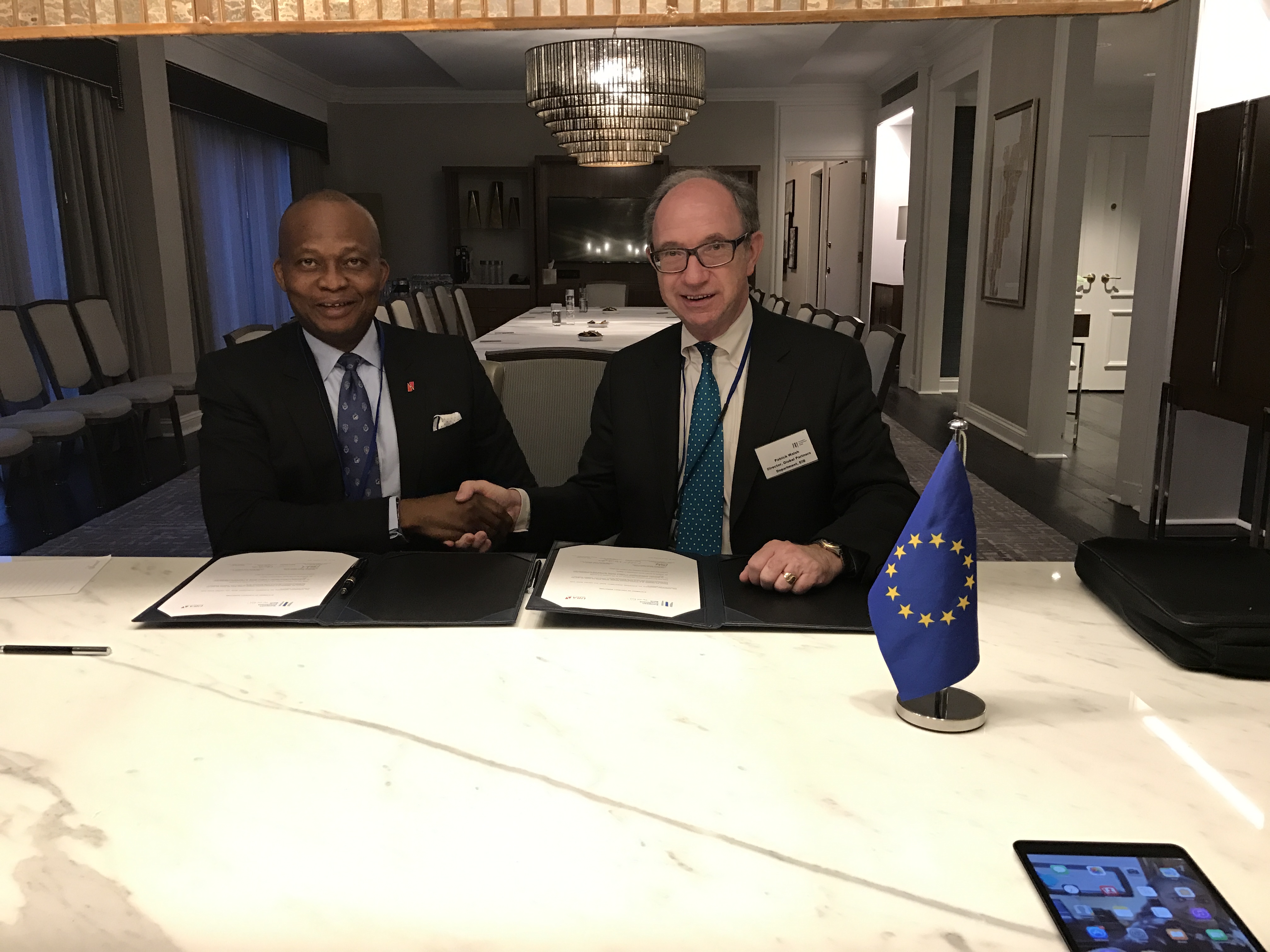 European Investment Bank and UBA Agree Record EUR 60 Million New Private Sector Investment Programme Group Managing Director/CEO, UBA Plc, Mr. Kennedy Uzoka and Vice President of the European Investment Bank(EIB), Mr. Ambrose Fayolle, during the agreement signing ceremony for 60 million euros facility from EIB for on-lending to Nigerian businesses, in Washington DC during the world bank IMF meetings at the weekend