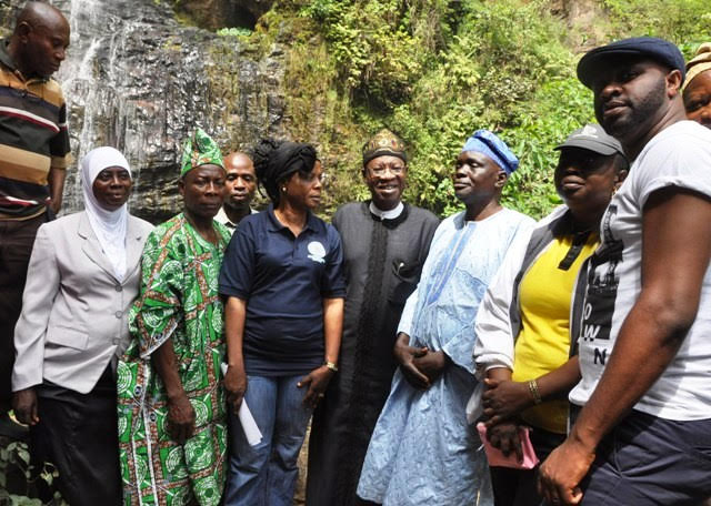 Salawu Awawu Funmilayo; Secretary, Owa-Onire Central Planning Committee, Sunday Akanbi; Commissioner for Culture and Tourism, Kwara State, Iyabo Jolade Adewuyi; Minister of Information and Culture, Lai Mohammed; General Manager, Tourism Board Kwara State, Taye Alabede; Permanent Secretary, Ministry of Culture and Tourism, Kwara State, Dr. Rhoda Ajiboye and Special Assistant to Kwara State Governor on Culture and Tourism Femi Adebayo, when the Minister visited Owu Waterfall in Kwara State on Sunday.