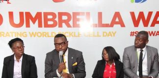 L-R: Head, Human Resource Recruitment/ CSR & Sustainability, Fidelity Bank Plc. Chris Nnakwe; Chairperson, Coalition of Sickle cell NGOs Toyin Adesola; Product Manager, Electronic Banking ,Fidelity Bank Plc. Daniel Azike; Executive Director, Genotype Foundation, Doris Gbemiloye; Trustee, Crimson bow Sickle Cell foundation, Abimbola Edwin during a press briefing to sensitize the public on the forthcoming Sickle Cell Day Walk For Hope at Sickle Cell Foundation, Nigeria Idi Araba Lagos state on Thursday.