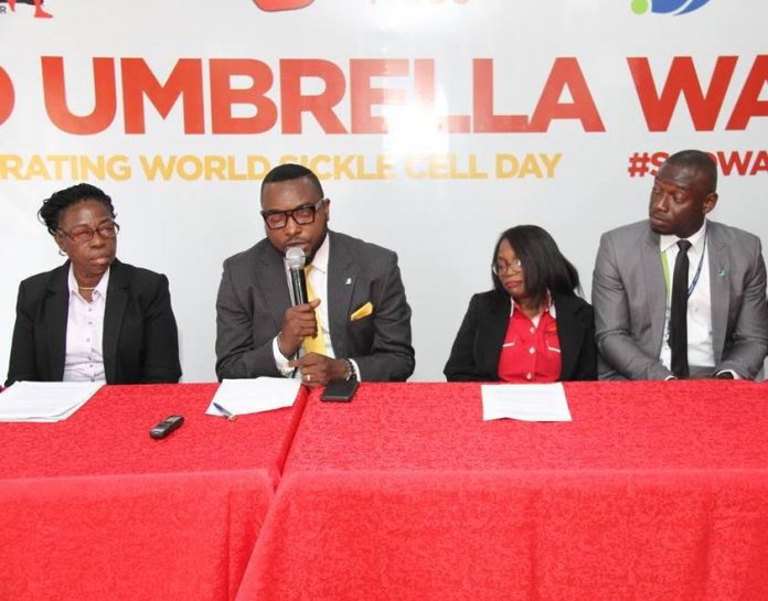 Fidelity bank L-R: Head, Human Resource Recruitment/ CSR & Sustainability, Fidelity Bank Plc. Chris Nnakwe; Chairperson, Coalition of Sickle cell NGOs Toyin Adesola; Product Manager, Electronic Banking ,Fidelity Bank Plc. Daniel Azike; Executive Director, Genotype Foundation, Doris Gbemiloye; Trustee, Crimson bow Sickle Cell foundation, Abimbola Edwin during a press briefing to sensitize the public on the forthcoming Sickle Cell Day Walk For Hope at Sickle Cell Foundation, Nigeria Idi Araba Lagos state on Thursday.