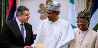 L-R: UNWTO Secretary-General, Zurab Pololikashvili, Nigeria President, Muhammadu Buhari, Information Minister, Lai Mohammed at the State House, Abuja