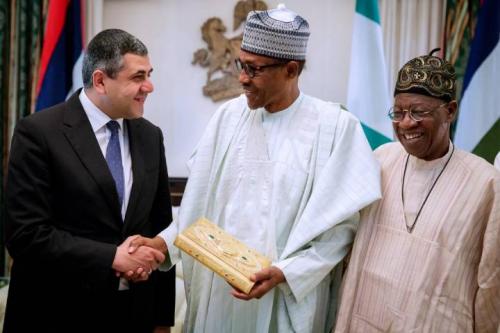 UNWTO L-R: UNWTO Secretary-General, Zurab Pololikashvili, Nigeria President, Muhammadu Buhari, Information Minister, Lai Mohammed at the State House, Abuja