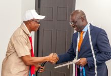 Edo State Governor, Mr. Godwin Obaseki (right); and the State Chairman, National Union of Textile, Garment and Tailoring Workers of Nigeria, Comrade Isaiah Okungbowa, during the courtesy visit by the executive members of the Union to the governor, at Government House, Benin City.