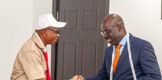 Edo State Governor, Mr. Godwin Obaseki (right); and the State Chairman, National Union of Textile, Garment and Tailoring Workers of Nigeria, Comrade Isaiah Okungbowa, during the courtesy visit by the executive members of the Union to the governor, at Government House, Benin City.