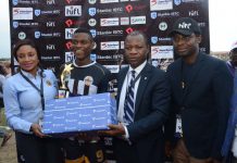 Stanbic IBTC Is Lead Sponsor Of Varsity League L-R: Acting Head, Marketing and Communications, Stanbic IBTC, Mrs Bridget Oyefeso-Odusami; Most Valuable Player, Robert Odu of Unilag Marines; Executive Director, Operations, Stanbic IBTC, Wole Adeniyi; and Director, Pace Sport & Entertainment Marketing, Sola Fijabi, at the presentation of MVP award to Odu after the Unilag-Uniben match in the Stanbic IBTC-sponsored varsity football league competition, on Wednesday