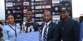 L-R: Acting Head, Marketing and Communications, Stanbic IBTC, Mrs Bridget Oyefeso-Odusami; Most Valuable Player, Robert Odu of Unilag Marines; Executive Director, Operations, Stanbic IBTC, Wole Adeniyi; and Director, Pace Sport & Entertainment Marketing, Sola Fijabi, at the presentation of MVP award to Odu after the Unilag-Uniben match in the Stanbic IBTC-sponsored varsity football league competition, on Wednesday