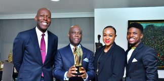 L:R: Group Head Corporate Communications, Access Bank, Plc, Amaechi Okobi; Group Managing Director/Chief Executive Officer Access Bank Plc, Herbert Wigwe, Group Head Accelerate TV, Colette Otusheso and Winner of Best Short Film/Online Video, Africa Magic Viewers' Choice Awards (AMVCA), Micheal Ama Psalmist Akinrogunde presenting the award at Access Bank Headquarters.