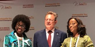 (L-R): Chairman, Board of Trustees, WIMBIZ, Ms. Funmi Roberts; United States Consul General F. John Bray; and Chairperson, Executive Council, WIMBIZ, Ms. Olubunmi Aboderin-Talabi; during the 17th Annual Conference of WIMBIZ, on Friday, November 2.