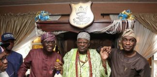 L-R Mr. Babajide Sanwo-Olu, All Progressives Governorship candidate in Lagos State, Akran of Badagry, Aholu De Wheno Menu Toyi 1 and Dr. Obafemi Hamzat, deputy governorship candidate during a consultation visit to the monarch in his Palace
