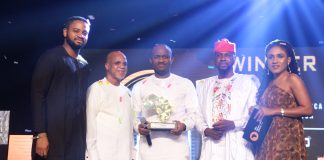 L:R: The Future Awards Africa Winner 2016, Mark Okoye; Chairman Troyka Holdings, Biodun Shobanjo; Winner Of The Future Awards Africa For The Young Person Of The Year, Samson Itodo, Co-Founder The Future Awards Africa, Adebola Williams and Portfolio Manager, Non-Alcoholic brands, Nigerian Breweries Plc., Ngozi Nkwoji presenting the Young Person Of The Year award at The Future Awards Africa 2018.