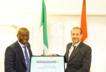 Mr. Babajide Sanwo-Olu presents his THEME development agenda to the Switzerland Ambassador Nigeria, Mr. George Steiner at the Swiss Embassy in Abuja during a strategic engagement on Wednesday.