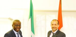 Mr. Babajide Sanwo-Olu presents his THEME development agenda to the Switzerland Ambassador Nigeria, Mr. George Steiner at the Swiss Embassy in Abuja during a strategic engagement on Wednesday.
