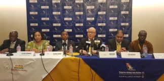 Mr Aaron Munetsi, SAA Regional General Manager for Africa; Her Excellency, Hon Luluma Xingwana, South African High Commissioner to Ghana; Mr Vuyani Jarana, SAA Group CEO; Mr John Quan, CEO Africa World Airlines; Mr Sean Mendis, Chief Operating Officer: Africa World Airlines; Mr Richard Kyereh, Head: Commercial - Africa World Airlines.