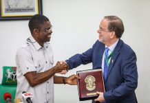 U.S. Chargé d' affaires David Young (right), with Edo State Deputy Governor Philip Shuaibu, during his visit to the Government House in Benin on Tuesday. Photo: U.S. Embassy.
