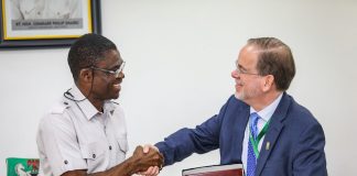 U.S. Chargé d' affaires David Young (right), with Edo State Deputy Governor Philip Shuaibu, during his visit to the Government House in Benin on Tuesday. Photo: U.S. Embassy.