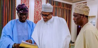 President Mohammadu Buhari (middle) flanked by Lagos State Governor-elect, Mr. Babajide Sanwo-Olu (left) and his Deputy Governor-elect, Dr. Obafemi Hamzat, during a courtesy call on the president by the later, in Aso Rock Villa, Abuja.