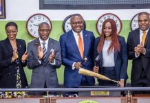 Company Secretary, Transcorp Plc, Ms Helen Iwuchukwu; CEO, Nigerian Stock Exchange(NSE). Mr. Oscar Onyema; President/CEO, Transcorp Plc, Valentine Ozigbo; Managing Director/CEO, Transcorp Hotels, Mrs Owen Omogiafo; and Executive Director, Transcorp Plc, Mr. Christopher Ezeafulukwe, during the closing gong ceremony at the floor of the NSE in Lagos on Tuesday
