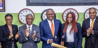 Company Secretary, Transcorp Plc, Ms Helen Iwuchukwu; CEO, Nigerian Stock Exchange(NSE). Mr. Oscar Onyema; President/CEO, Transcorp Plc, Valentine Ozigbo; Managing Director/CEO, Transcorp Hotels, Mrs Owen Omogiafo; and Executive Director, Transcorp Plc, Mr. Christopher Ezeafulukwe, during the closing gong ceremony at the floor of the NSE in Lagos on Tuesday