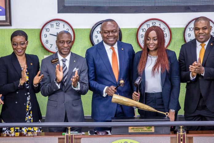 Company Secretary, Transcorp Plc, Ms Helen Iwuchukwu; CEO, Nigerian Stock Exchange(NSE). Mr. Oscar Onyema; President/CEO, Transcorp Plc, Valentine Ozigbo; Managing Director/CEO, Transcorp Hotels, Mrs Owen Omogiafo; and Executive Director, Transcorp Plc, Mr. Christopher Ezeafulukwe, during the closing gong ceremony at the floor of the NSE in Lagos on Tuesday Company Secretary, Transcorp Plc, Ms Helen Iwuchukwu; CEO, Nigerian Stock Exchange(NSE). Mr. Oscar Onyema; President/CEO, Transcorp Plc, Valentine Ozigbo; Managing Director/CEO, Transcorp Hotels, Mrs Owen Omogiafo; and Executive Director, Transcorp Plc, Mr. Christopher Ezeafulukwe, during the closing gong ceremony at the floor of the NSE in Lagos on Tuesday
