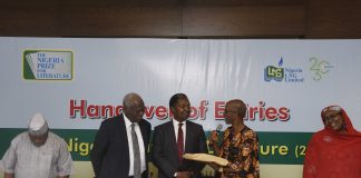 Professor Jerry Agada, Advisory Board member of NLNG-sponsored The Nigeria Prize for Literature; Professor Emeritus Ayo Banjo, Chair, Advisory Board; Andy Odeh, NLNG's Corporate Communication and Public Affairs Manager; Professor Obododinma Oha, Chair, Panel of Judges and Professor Asabe Usman Kabir , a judge, during the handover of 173 entries for 2019 prize cycle to the judges.