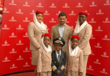 Emirates Senior Customer Sales and Service agent, Doris Akindele; Emirates Regional Manager, West Africa, Afzal Parambil; Emirates Customer Sales and Service agent, Mopelola Afonja, and some journalist's children at the Emirates Children's Day event held at Maryland Mall recently.
