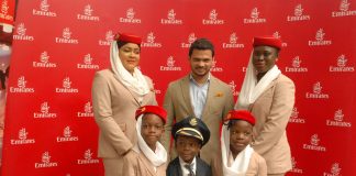 Emirates Senior Customer Sales and Service agent, Doris Akindele; Emirates Regional Manager, West Africa, Afzal Parambil; Emirates Customer Sales and Service agent, Mopelola Afonja, and some journalist's children at the Emirates Children's Day event held at Maryland Mall recently.