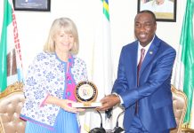 Lagos State Deputy Governor, Dr. Obafemi Hamzat pressing a souvenir to the United Kingdom Minister of State for Africa at the Foreign Commonwealth Office and Minister of State for Department of International Development, Rt. Hon. Harnett Baldwin during the courtesy visit to the Office of the Deputy Governor on Tuesday.