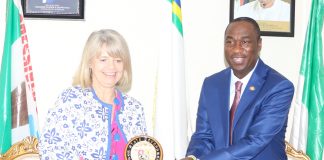 Lagos State Deputy Governor, Dr. Obafemi Hamzat pressing a souvenir to the United Kingdom Minister of State for Africa at the Foreign Commonwealth Office and Minister of State for Department of International Development, Rt. Hon. Harnett Baldwin during the courtesy visit to the Office of the Deputy Governor on Tuesday.