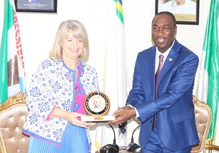 Lagos State Deputy Governor, Dr. Obafemi Hamzat pressing a souvenir to the United Kingdom Minister of State for Africa at the Foreign Commonwealth Office and Minister of State for Department of International Development, Rt. Hon. Harnett Baldwin during the courtesy visit to the Office of the Deputy Governor on Tuesday. Lagos State Deputy Governor, Dr. Obafemi Hamzat pressing a souvenir to the United Kingdom Minister of State for Africa at the Foreign Commonwealth Office and Minister of State for Department of International Development, Rt. Hon. Harnett Baldwin during the courtesy visit to the Office of the Deputy Governor on Tuesday.