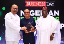 Haresh Keswani, Group Managing Director, Artee Group (middle) being congratulated by the Chairman, Artee Group, Asiwaju Solomon Kayode Onafowokan, OON (right) and Mr Emeka Onwuka, former Managing Director, Diamond Bank (left) at the BusinessDay Nigerian Business Leadership Awards 2019 at Lagos Continental Hotel over the weekend