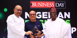 Haresh Keswani, Group Managing Director, Artee Group (middle) being congratulated by the Chairman, Artee Group, Asiwaju Solomon Kayode Onafowokan, OON (right) and Mr Emeka Onwuka, former Managing Director, Diamond Bank (left) at the BusinessDay Nigerian Business Leadership Awards 2019 at Lagos Continental Hotel over the weekend