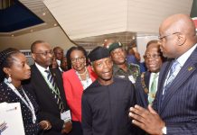 Professor Yemi Osinbajo, Vice President, Federal Republic of Nigeria (middle); Dr. Adesola Adeduntan, Chief Executive Officer, First Bank of Nigeria Limited (right); Dr Uche Olowu, President, Chartered Institute of Bankers of Nigeria (second right); Otunba Debola Osibogun, Non-Executive Director, FBN Holdings Plc and former President, Chartered Institute of Bankers of Nigeria (third left); Mr. Abdullahi Ibrahim, Executive Director, Public Sector, First Bank of Nigeria Limited (second left); and Folake Ani-Mumuney, Group Head, Marketing & Corporate Communications, First Bank of Nigeria Limited (left) at the CIBN 12th Annual Banking and Finance Conference held in Abuja