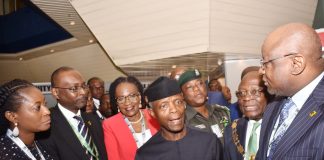 Professor Yemi Osinbajo, Vice President, Federal Republic of Nigeria (middle); Dr. Adesola Adeduntan, Chief Executive Officer, First Bank of Nigeria Limited (right); Dr Uche Olowu, President, Chartered Institute of Bankers of Nigeria (second right); Otunba Debola Osibogun, Non-Executive Director, FBN Holdings Plc and former President, Chartered Institute of Bankers of Nigeria (third left); Mr. Abdullahi Ibrahim, Executive Director, Public Sector, First Bank of Nigeria Limited (second left); and Folake Ani-Mumuney, Group Head, Marketing & Corporate Communications, First Bank of Nigeria Limited (left) at the CIBN 12th Annual Banking and Finance Conference held in Abuja