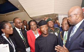 FirstBank Targets 500,000 Agents To Boost Financial Inclusion Professor Yemi Osinbajo, Vice President, Federal Republic of Nigeria (middle); Dr. Adesola Adeduntan, Chief Executive Officer, First Bank of Nigeria Limited (right); Dr Uche Olowu, President, Chartered Institute of Bankers of Nigeria (second right); Otunba Debola Osibogun, Non-Executive Director, FBN Holdings Plc and former President, Chartered Institute of Bankers of Nigeria (third left); Mr. Abdullahi Ibrahim, Executive Director, Public Sector, First Bank of Nigeria Limited (second left); and Folake Ani-Mumuney, Group Head, Marketing & Corporate Communications, First Bank of Nigeria Limited (left) at the CIBN 12th Annual Banking and Finance Conference held in Abuja