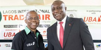 Trade Fair 1: Chairman, Trade Promotion Board and Vice-President, Lagos Chamber of Commerce and Industry(LCCI), Mr Gabriel Idahosa and Group Head, Consumer and Retail Banking, United Bank for Africa (UBA) Plc, Mr. Jude Anele, at the Press Conference organised by LCCI and the headline partner, UBA Plc, on the upcoming Lagos International Trade Fair 2019 in Lagos on Tuesday