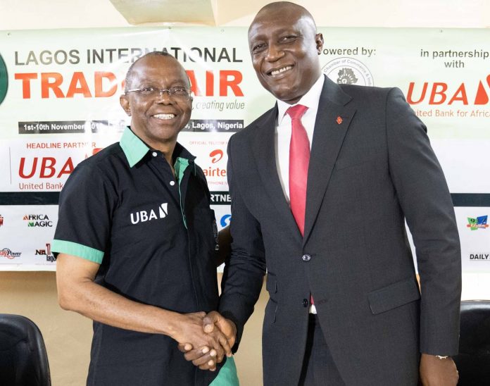 Trade Fair 1: Chairman, Trade Promotion Board and Vice-President, Lagos Chamber of Commerce and Industry(LCCI), Mr Gabriel Idahosa and Group Head, Consumer and Retail Banking, United Bank for Africa (UBA) Plc, Mr. Jude Anele, at the Press Conference organised by LCCI and the headline partner, UBA Plc, on the upcoming Lagos International Trade Fair 2019 in Lagos on Tuesday Trade Fair 1: Chairman, Trade Promotion Board and Vice-President, Lagos Chamber of Commerce and Industry(LCCI), Mr Gabriel Idahosa and Group Head, Consumer and Retail Banking, United Bank for Africa (UBA) Plc, Mr. Jude Anele, at the Press Conference organised by LCCI and the headline partner, UBA Plc, on the upcoming Lagos International Trade Fair 2019 in Lagos on Tuesday
