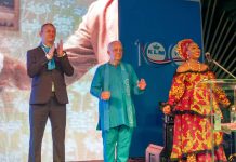 KLM Marks Centenary with 100th Delftware Miniature L-R: Consul General of The Kingdom of The Netherlands in Lagos, Jan Can Weijen; Michel Colleau, General Manager Air France KLM Nigeria and Ghana and Nollywood actress and MC of the event, Dakore Egbuson-Akande