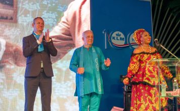 KLM Marks Centenary with 100th Delftware Miniature L-R: Consul General of The Kingdom of The Netherlands in Lagos, Jan Can Weijen; Michel Colleau, General Manager Air France KLM Nigeria and Ghana and Nollywood actress and MC of the event, Dakore Egbuson-Akande