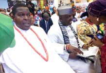 INAC 2019: Everyone Wins As Diplomatic Community Mark Cultural Diplomacy Day For Peace L-R: Director-General, National Council for Arts and Culture, Otunba Segun Runsewe with chairman of the occasion, Senator Rochas Okorocha, chairman Senate Committee on Arts, Culture and Tourism at INAC 2019 closing ceremony.