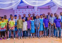Executive Director, United Bank for Africa(UBA) Plc, Mr. Ayoku Liadi; CEO, UBA Foundation, Mrs. Bola Atta; Head, Brand Management, UBA Plc, Mr. Lashe Osoba, flanked by students of various schools during the 2nd edition of UBA Foundation’s ‘Each One, Teach One’ initiative where UBA Staff teach and assist the less privileged, especially students and people living with disabilities across Africa, held in Lagos on Friday.