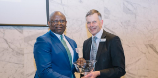 Dr Adesola Adeduntan, CEO, FirstBank (l), being presented the Cranfield School of Management Distinguished Alumnus Award 2020 by Professor Sir Peter Gregson FREng MRIA, DSc, Chief Executive and Vice-Chancellor, Cranfield University.