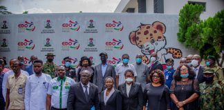 Edo State Governor, Mr. Godwin Obaseki (right) and the Chairperson, Edo State Judicial Panel of Inquiry set up to look into circumstances surrounding #EndSARS protests, Hon Justice Ada Ehigiamusoe, at the inauguration of the Panel at Government House, in Benin City, on Monday,